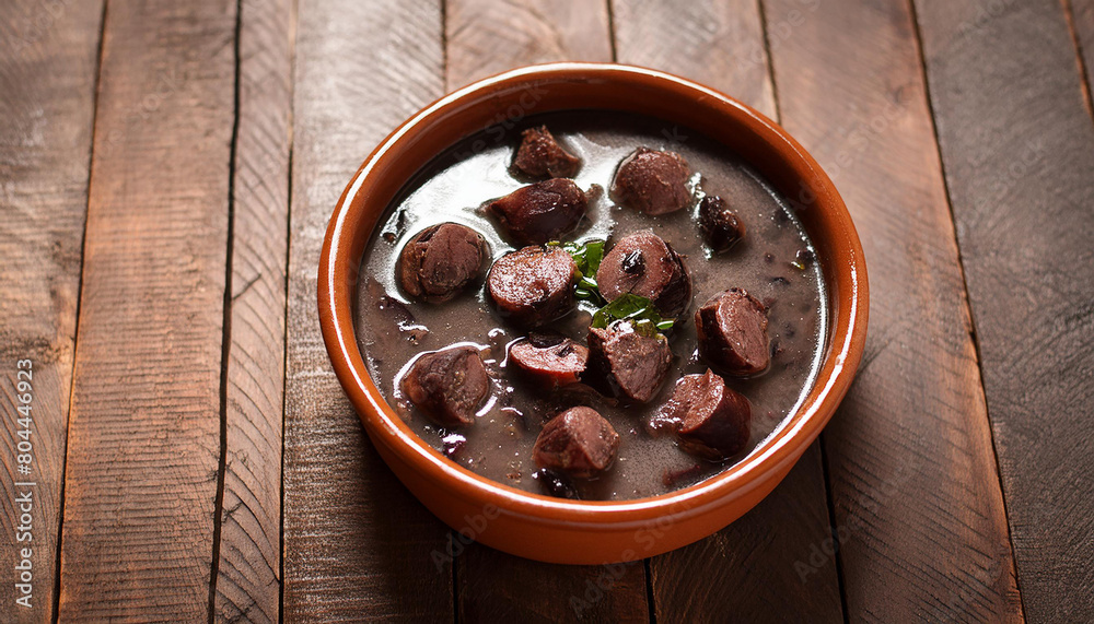 Close-up of Brazilian feijoada over wooden table. Tasty meal. Delicious food for dinner. Close-up of Brazilian feijoada over wooden table. Tasty meal. Delicious food for dinner.