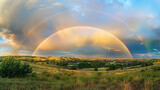 Rainbow A magnificent rainbow stretching across the sky after a summer rainstorm, with vivid bands of color arching gracefully over a picturesque countryside, representing beauty, diversity