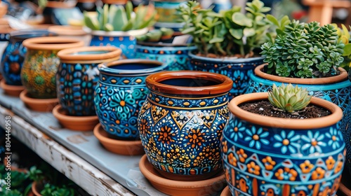 A display of flowerpots and vases with plants on a shelf, showcasing creative art in pottery and beautiful floral arrangements