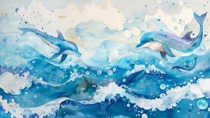 Fototapete Nautischer Stil Aquarell Delfine in spielerischer Meeresszene  © Alpha