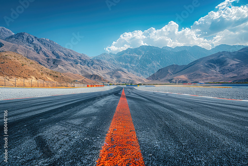 The red race track on the asphalt of Sichuan s surrounded by mountains. Created with Ai