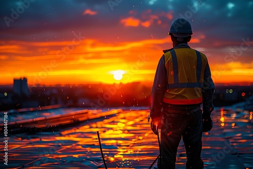 A bustling construction site at sunset, workers wearing high-visibility safety gear, emphasizing compliance and teamwork