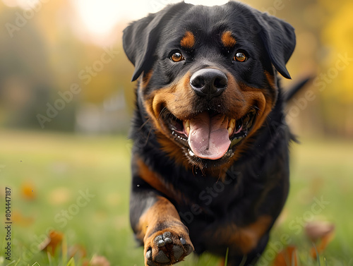 Strong rottweiler dog in the field in training, Outdoor pet training session. Animal health and exercise concept. Design for veterinary clinic poster, pet care brochure