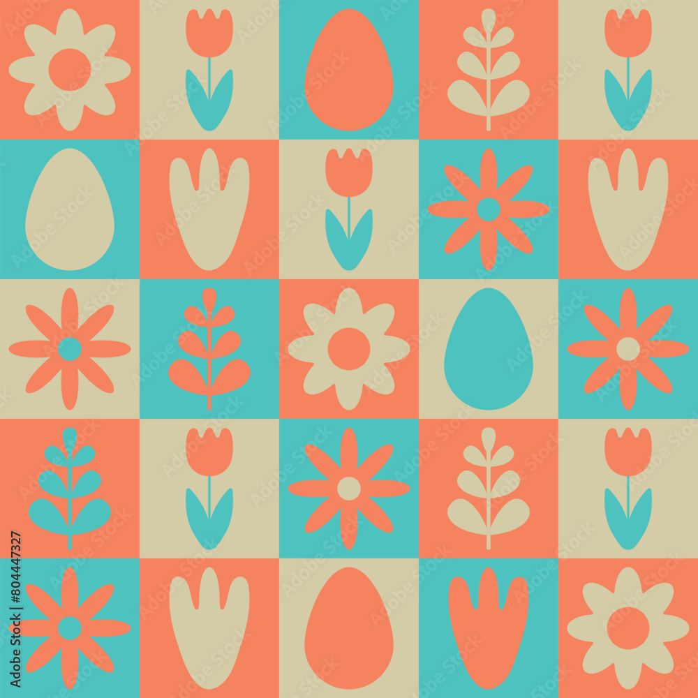 Modern geometric pattern. Floral elements and Easter eggs repeat on colored squares. Trendy style in retro colors. Vector illustration. Modern geometric pattern. Floral elements and Easter eggs repeat on colored squares. Trendy style in retro colors. Vector illustration.
