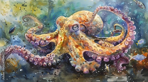 Dynamic watercolor featuring a baby octopus playing hide and seek with small fish, a fun and engaging scene for kids
