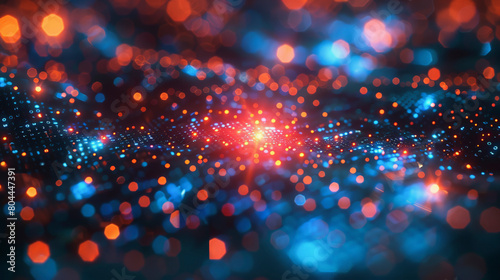 A digitally generated image showcasing a bokeh effect with blue and orange light particles, resembling a constellation or a microcosmic view of particles. photo
