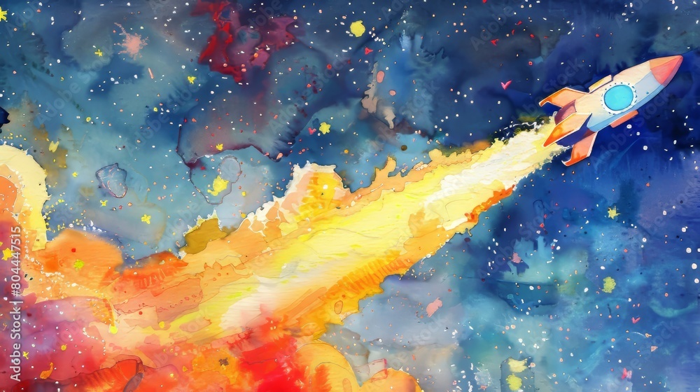 Dynamic watercolor of a rocket launching into a star-filled sky, the trail of the rocket painted in bright, explosive colors to captivate children