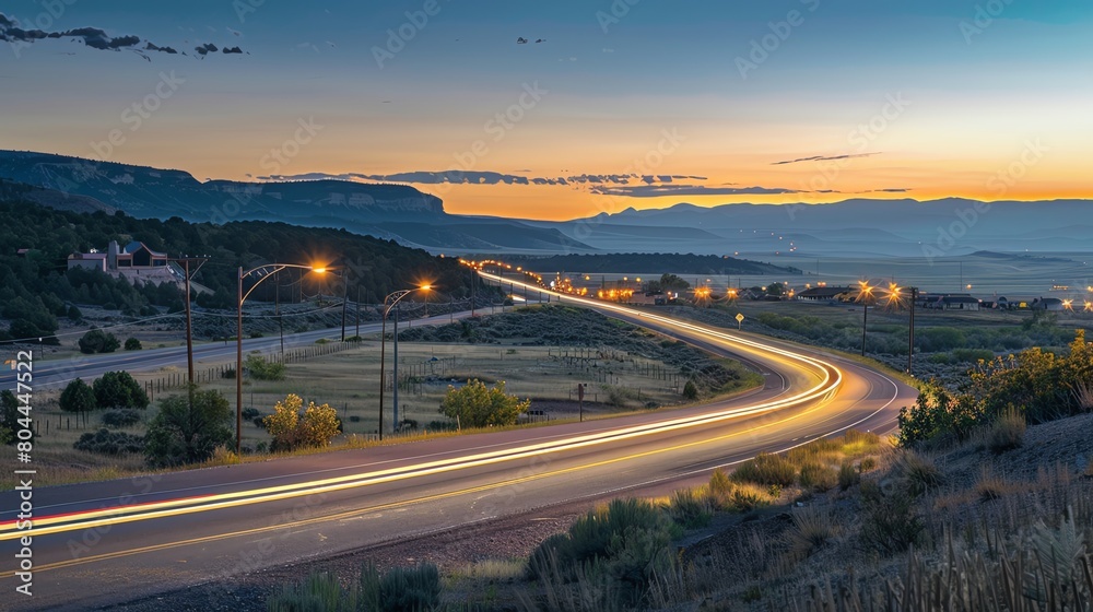 5 Empty highway, wolf pack roaming, twilight, long exposure, ground level 5 Empty highway, wolf pack roaming, twilight, long exposure, ground level