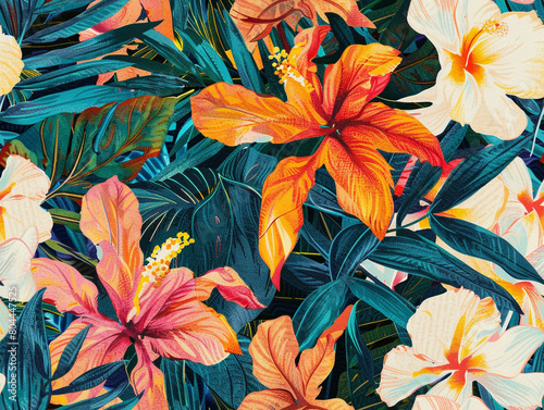 Jungle art. Botanical flowers canvas pattern. Floral island fabric color background. 