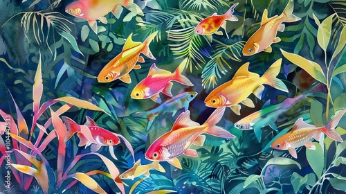 Dynamic watercolor of a school of bright neon tetra fish darting through water plants, the scene bursting with movement and life photo