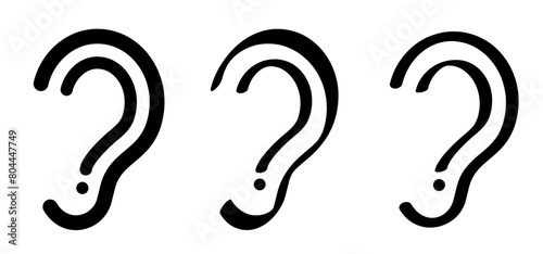 Symbol for deafness and question mark. Limited hearing pictogram. Ear hearing loss symbol. Ear icon. Flat vector sign. Deaf problem. Hearing loss impairment logo. World hearing day or world deaf day. 