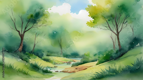 a serene watercolor painting depicting a landscape with a river flowing through green fields  surrounded by misty mountains. The soft  blended colors and brush strokes evoke a sense of tranquility.
