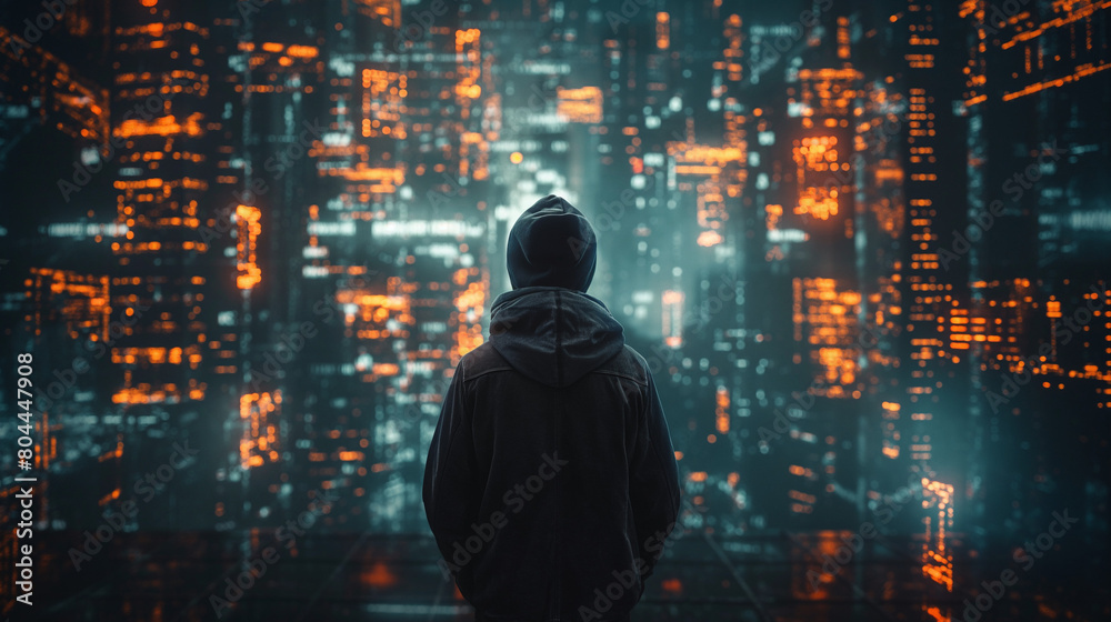 Anonymous hacker with a glowing data background, design resource for wallpaper, illustration, book, magazine, website, future and cybersecurity concept, Anonymous hacker with a glowing data background, design resource for wallpaper, illustration, book, magazine, website, future and cybersecurity concept,