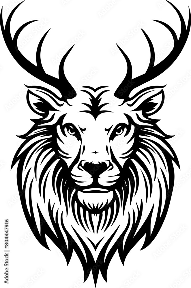 Stunning Black and White Lion Head with Deer Horn Vector Illustration Stunning Black and White Lion Head with Deer Horn Vector Illustration