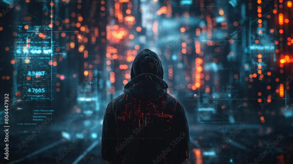Anonymous hacker with a glowing data background Anonymous hacker with a glowing data background