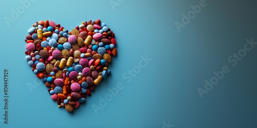 Tablets laid out in the shape of a heart on a blue background, health and medicine