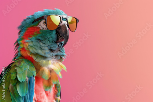 Creative animal theme: A parrot wearing sunglasses, set against a solid pastel background for a commercial or editorial advertisement, showcasing a touch of surrealism.