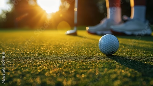 Playing golf, a man hits a ball with a club on the lawn in close-up © Vadim