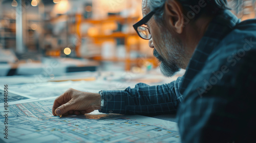 A focused individual wearing glasses and a flannel shirt examines architectural plans spread out on a table in a well-lit workspace. photo