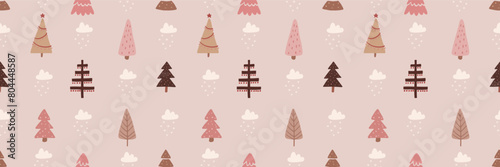 Pink modern Christmas tree seamless pattern ornament. New Year hand drawn Christmas trees festive background. Abstract doodle wood pattern. Colorful cute vector illustration in flat style.