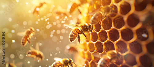 close up of bees on honeycomb, top view, photo