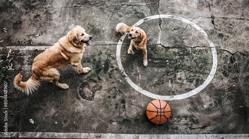 Canvas Print happy golden retriever dog on the basketball court, top view portrait
