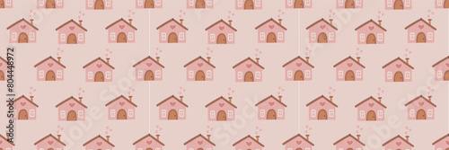 Seamless pattern with cute house of love and hearts, Valentine Day, flat design template, pink home vector illustration