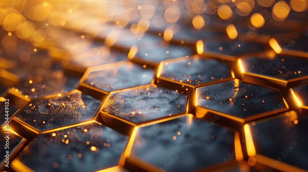 Close-up of shimmering golden hexagonal tiles with water droplets, symbolizing luxury, technology, or futuristic concepts with a bokeh light effect in the background. Close-up of shimmering golden hexagonal tiles with water droplets, symbolizing luxury, technology, or futuristic concepts with a bokeh light effect in the background.