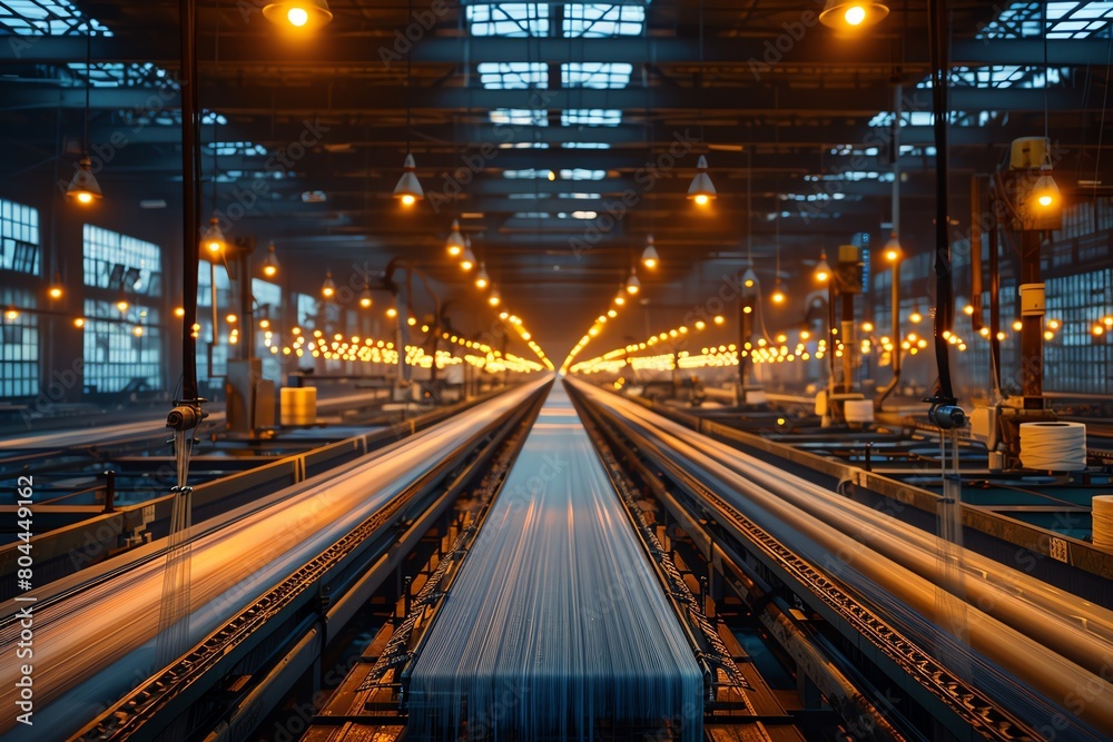Automated textile mill, rows of machines weaving, warm lights, overhead view, Automated textile mill, rows of machines weaving, warm lights, overhead view,