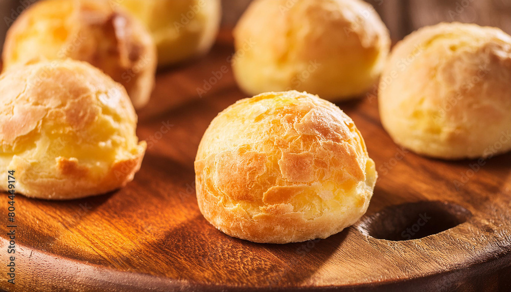 Close-up of Brazilian Pão de Queijo over wooden table. Cheese bread. Tasty meal. Delicious food Close-up of Brazilian Pão de Queijo over wooden table. Cheese bread. Tasty meal. Delicious food