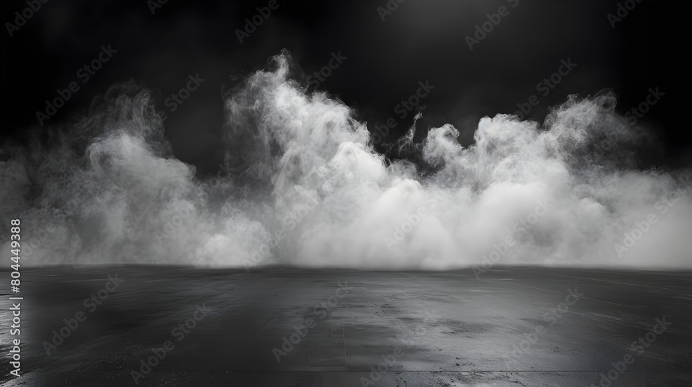 Fototapeta premium Fog covering a dark, wet floor. Atmospheric photography with a mysterious and eerie ambiance.