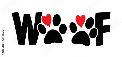 slogan woof and paw with love, hearts. i love my dog. Animals day. Cartoon dog footsteps. Vector footprints pictogram or symbol. Love, heart icon or logo. photo