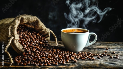 Close-up view of a steaming hot coffee and a sack of coffee beans on table.