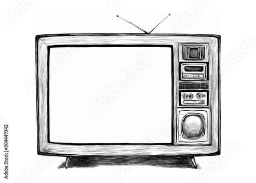 Illustration: ink sketch of a classic 1950s vintage television set, depicted from the front with an antenna. The screen is empty.
