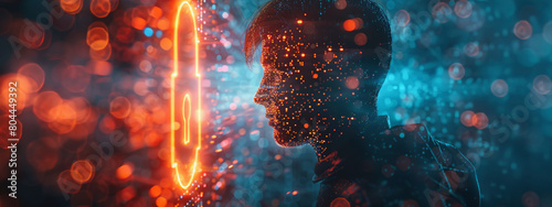 Silhouette of a person against a backdrop of blue bokeh lights, with a glowing neon circle partially framing the profile, conveying a futuristic atmosphere. photo