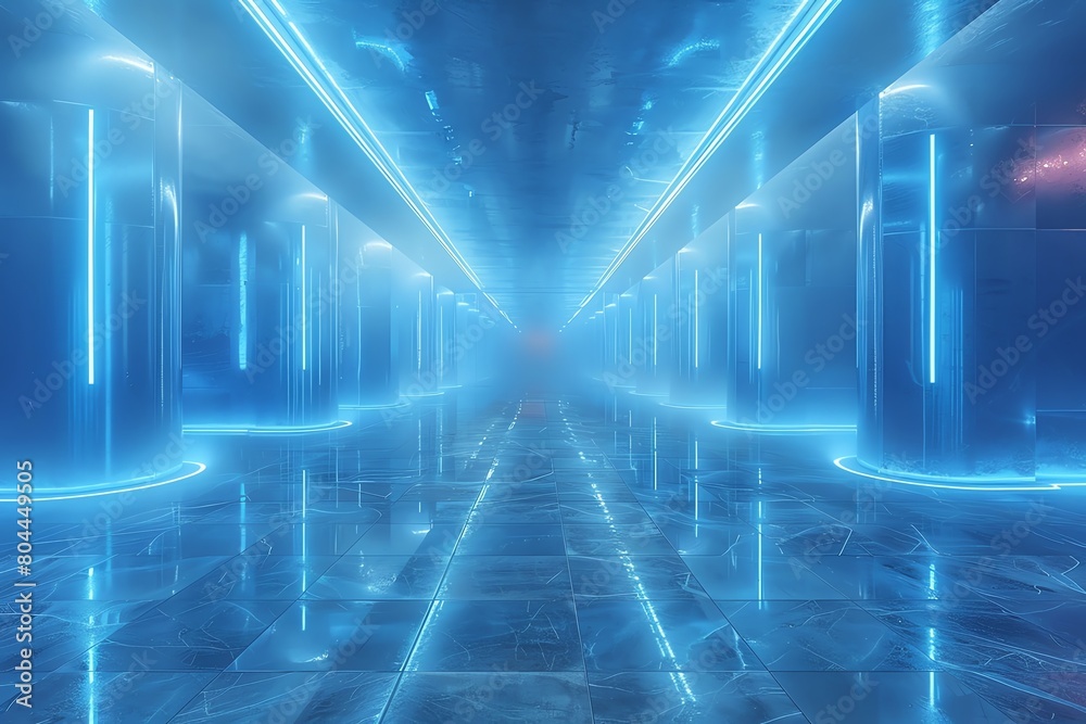 Cybernetic enhancements factory, icy blue lights, medium shot, metallic surfaces, ultra-modern look Cybernetic enhancements factory, icy blue lights, medium shot, metallic surfaces, ultra-modern look