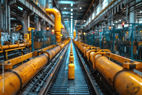 Detailed interior of a factory showing automated machinery with safety barriers and warning signs, to highlight industrial safety standards