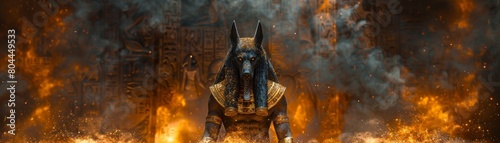 Anubis statue amidst fiery flames, surrounded by ancient Egyptian hieroglyphs, evoking a sense of ancient power and mystery photo
