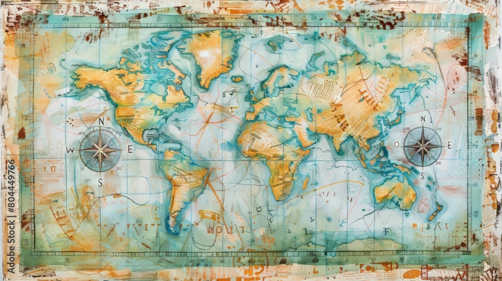 Educational watercolor of a world map with a compass rose, numbers, and letters around the border, encouraging navigation and reading skills