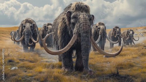 A group of mammoth walking in grass land in ancient prehistoric enviroment. photo