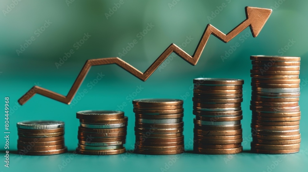 stacks of coins with a stock market graph and an upward-pointing arrow stacks of coins with a stock market graph and an upward-pointing arrow