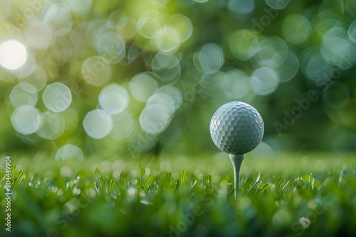Golf ball on tee surrounded by grass with a blurred bokeh background. Close-up outdoor sports photography.