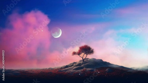 minimalist night landscape with a tree, moon and fireflies seamless looping footage