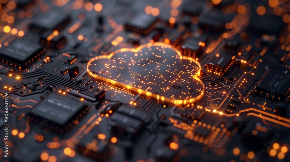 A dark circuit board with a glowing cloud server