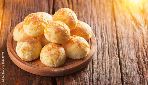 Close-up of Brazilian Pão de Queijo over wooden table. Cheese bread. Tasty meal. Delicious food