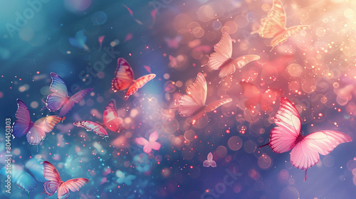 A beautiful swarm of butterflies in shades of pink, blue and orange