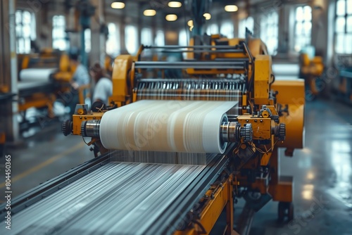 Modern textile factory with innovative weaving machines and sustainable materials, workers using digital interfaces