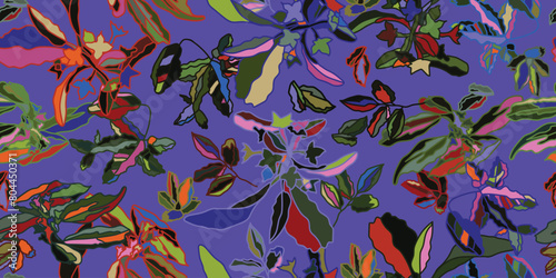 A vibrant floral pattern featuring colorful petals and plants in various tints and shades of purple and electric blue on a striking purple background