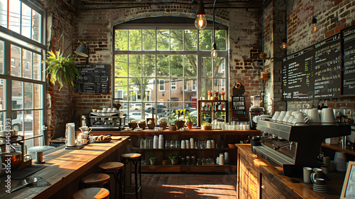 A rustic coffee shop, with exposed brick walls as the background, during a quiet afternoon lull