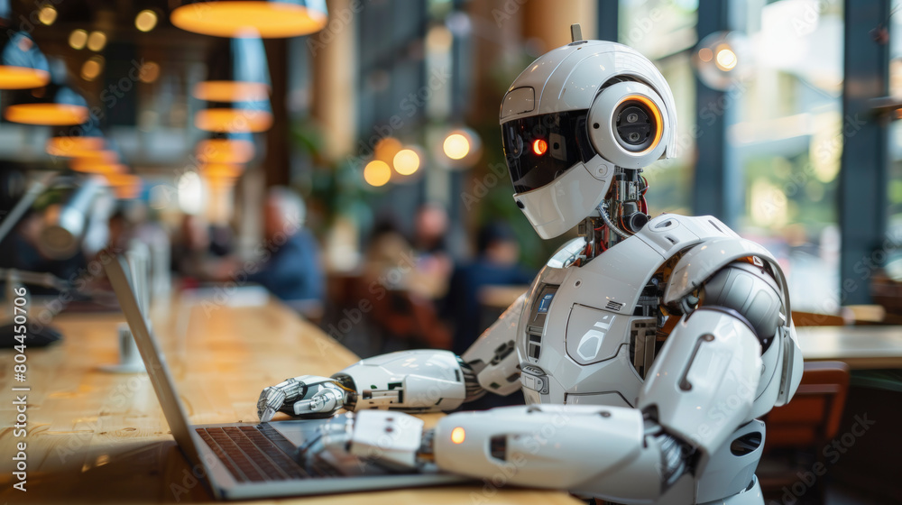 A humanoid robot sitting at a bar, seemingly interacting with a laptop, with blurred restaurant patrons in the background. A humanoid robot sitting at a bar, seemingly interacting with a laptop, with blurred restaurant patrons in the background.